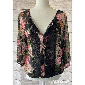 Metaphor Floral Lace Blouse Medium Sheer Black Boho Romantic 3/4 Sleeve Top